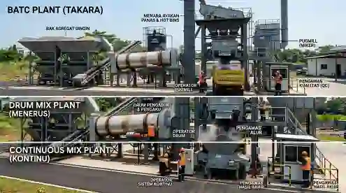 jenis-jenis asphalt mixing plant sedang proses produksi mixing aspal.